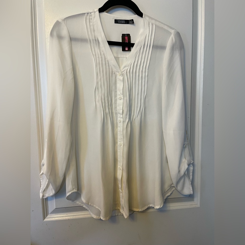 Cure Cream Pleated Sheer Button-Up Blouse